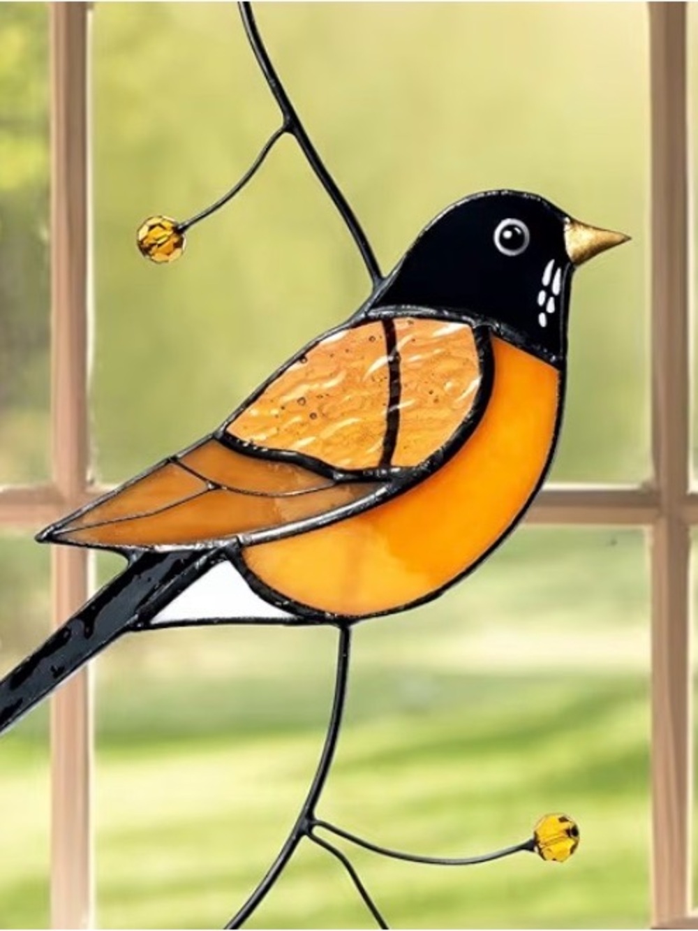 Orange and Black Stained Glass American Robin Window Handmade Ornament